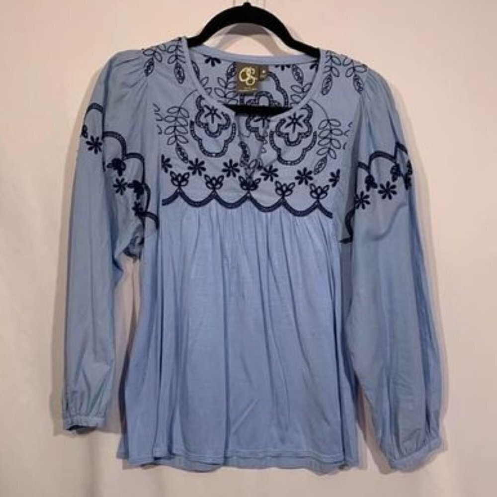 WOMAN’S embroidered blouse. 100% cotton. Soft and breezy. Beautiful blues.